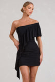 Parfait Black Asymmetric Ruched Mini Dress With Statement Ruffles