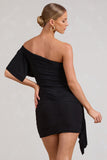 Parfait Black Asymmetric Ruched Mini Dress With Statement Ruffles