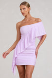 Parfait Lilac Asymmetric Ruched Mini Dress With Statement Ruffles