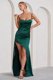 Buckingham Bottle Green Satin Pleated Split Maxi Dress