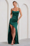 Buckingham Bottle Green Satin Pleated Split Maxi Dress