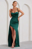 Buckingham Bottle Green Satin Pleated Split Maxi Dress