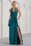 Morning Bottle Green Ruffled Halter-Neck Split Maxi Dress