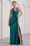 Morning Bottle Green Ruffled Halter-Neck Split Maxi Dress
