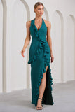 Morning Bottle Green Ruffled Halter-Neck Split Maxi Dress