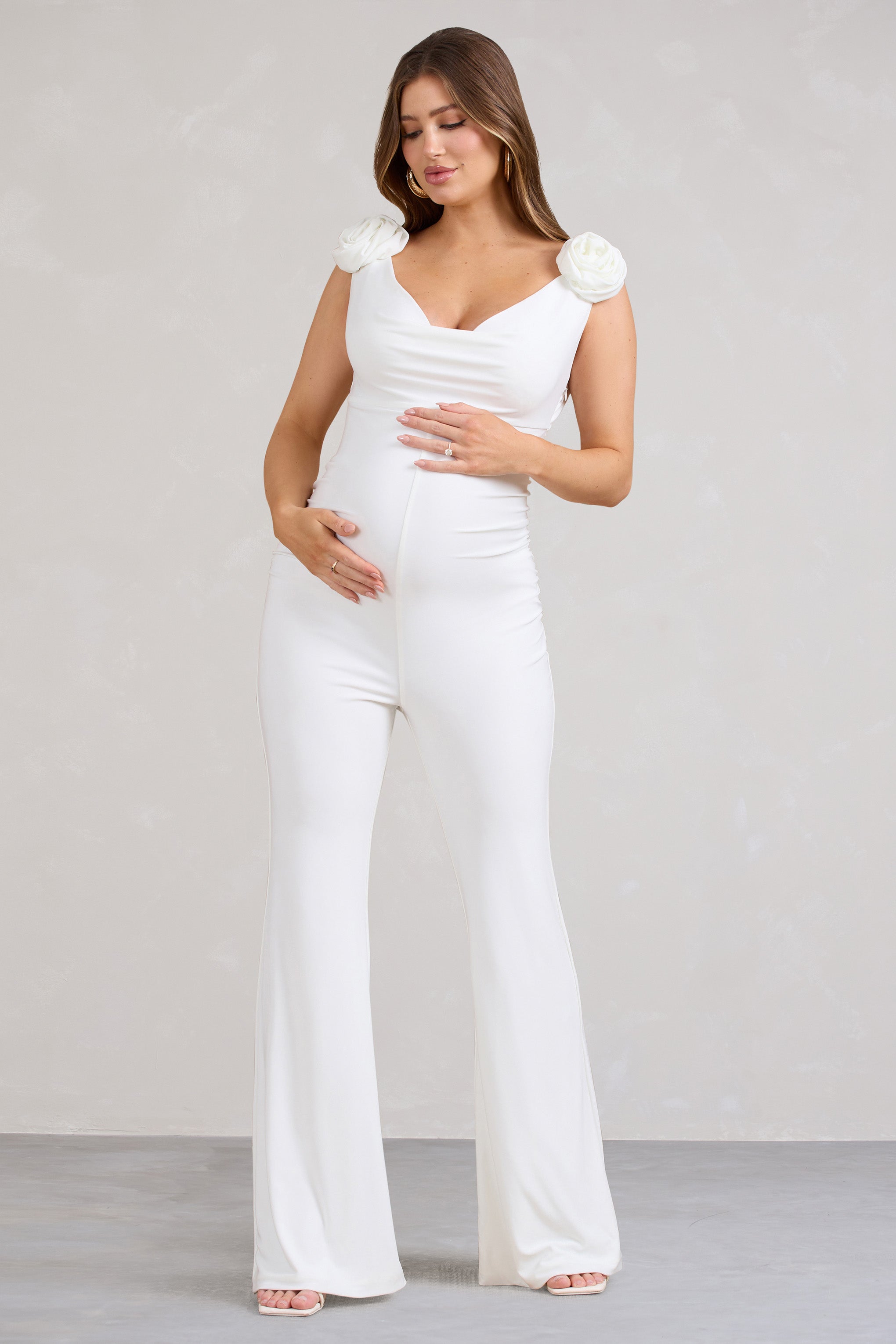 Posy White Maternity Cowl Jumpsuit With Flower Design