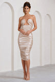 Stately Champagne Cut-Out Ruched Bodycon Midi Dress