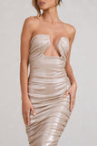 Stately Champagne Cut-Out Ruched Bodycon Midi Dress