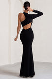 Tyra Black Asymmetric Neck Cut Out Maxi Dress With Open Back Detail