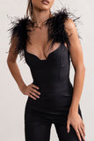 Verity Black Feather Shoulder Corset Style Jumpsuit