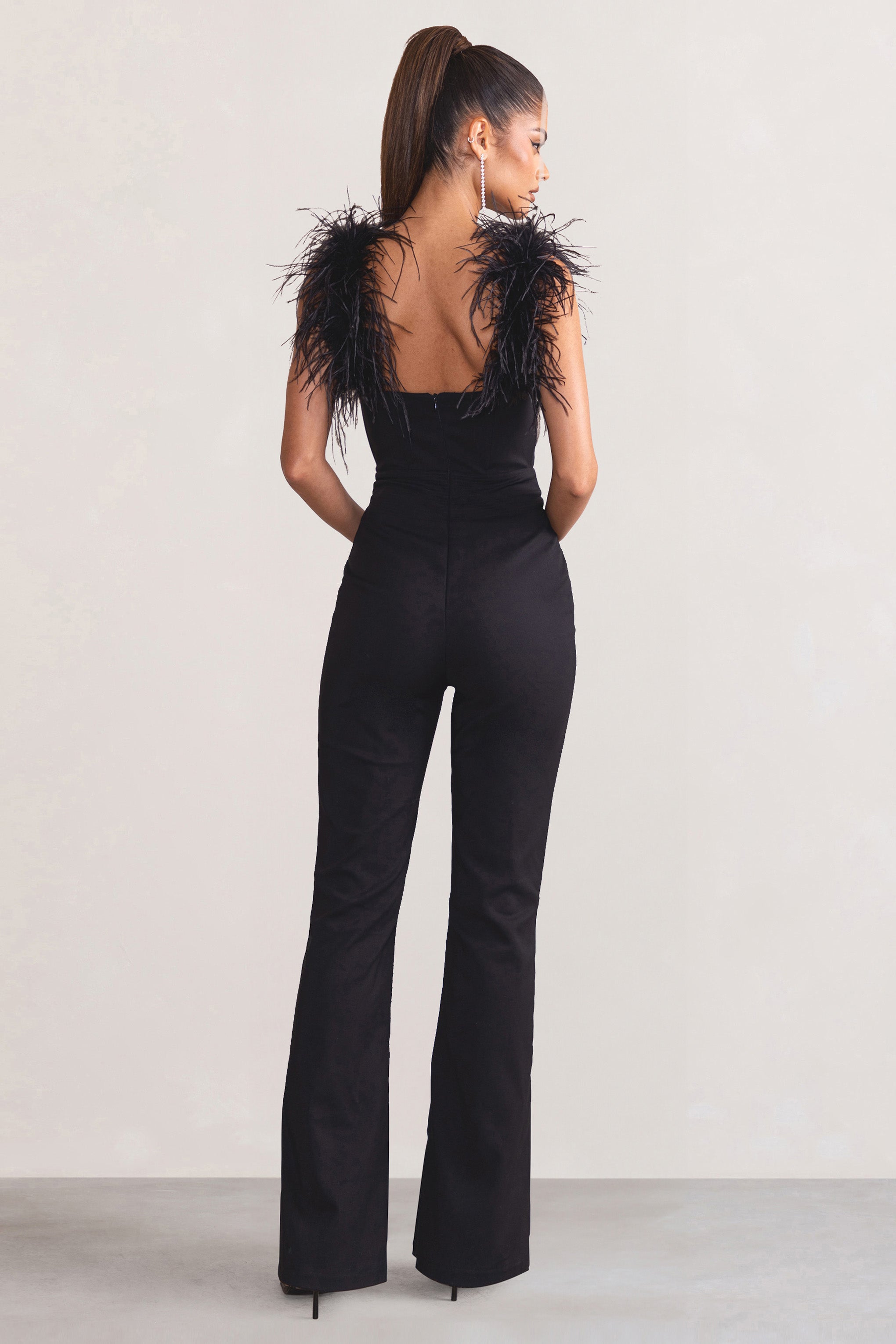 Verity Black Feather Shoulder Corset Style Jumpsuit