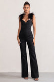 Verity Black Feather Shoulder Corset Style Jumpsuit