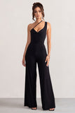 Vienna Black Asymmetric Cowl Neck Wide Leg Jumpsuit With Open Back Detail