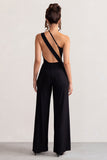 Vienna Black Asymmetric Cowl Neck Wide Leg Jumpsuit With Open Back Detail