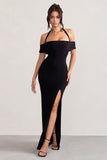 Anisa Black Halter Neck Bardot Maxi Dress With Thigh Split
