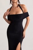 Anisa Black Halter Neck Bardot Maxi Dress With Thigh Split