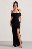 Anisa Black Halter Neck Bardot Maxi Dress With Thigh Split