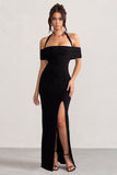 Anisa Black Halter Neck Bardot Maxi Dress With Thigh Split