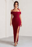 Anisa Burgundy Halter Neck Bardot Maxi Dress With Thigh Split