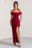 Anisa Burgundy Halter Neck Bardot Maxi Dress With Thigh Split