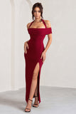 Anisa Burgundy Halter Neck Bardot Maxi Dress With Thigh Split