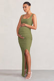 Avril Olive Square Neck Maternity Maxi Dress with Split