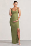 Avril Olive Square Neck Maternity Maxi Dress with Split