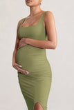 Avril Olive Square Neck Maternity Maxi Dress with Split