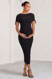 Roxanne Black Ruched Bardot Maternity Midi Dress