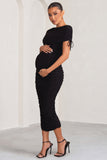 Roxanne Black Ruched Bardot Maternity Midi Dress