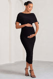 Roxanne Black Ruched Bardot Maternity Midi Dress
