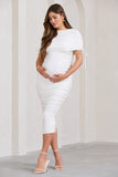 Roxanne White Ruched Bardot Maternity Midi Dress