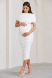 Roxanne White Ruched Bardot Maternity Midi Dress