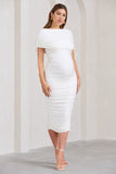 Roxanne White Ruched Bardot Maternity Midi Dress