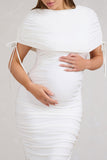 Roxanne White Ruched Bardot Maternity Midi Dress