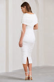 Roxanne White Ruched Bardot Maternity Midi Dress