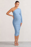 Betsy Powder Blue Asymmetric One Sleeve Maternity Midi Dress