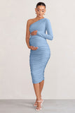 Betsy Powder Blue Asymmetric One Sleeve Maternity Midi Dress