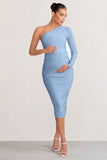 Betsy Powder Blue Asymmetric One Sleeve Maternity Midi Dress
