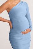 Betsy Powder Blue Asymmetric One Sleeve Maternity Midi Dress