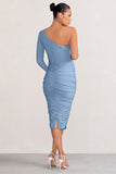 Betsy Powder Blue Asymmetric One Sleeve Maternity Midi Dress