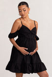 Kai Black Cami Babydoll Maternity Mini Dress With Ruffle Cold Shoulder Sleeves