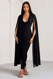 Georgiana Black Plunge Ruched Maxi Dress with Cape Sleeves