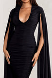 Georgiana Black Plunge Ruched Maxi Dress with Cape Sleeves