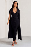 Georgiana Black Plunge Ruched Maxi Dress with Cape Sleeves