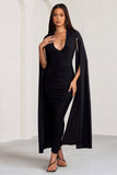 Georgiana Black Plunge Ruched Maxi Dress with Cape Sleeves