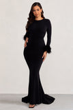 Betty Black High Neck Long Sleeve Maxi Dress with Feather Cuffs