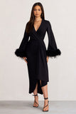 Jenna Black Plunge Midi Dress with Feather Trim Wide Sleeves and Front Tie Drape