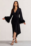 Jenna Black Plunge Midi Dress with Feather Trim Wide Sleeves and Front Tie Drape