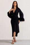 Jenna Black Plunge Midi Dress with Feather Trim Wide Sleeves and Front Tie Drape